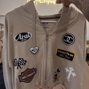 Beige Hoodie with Assorted Patches